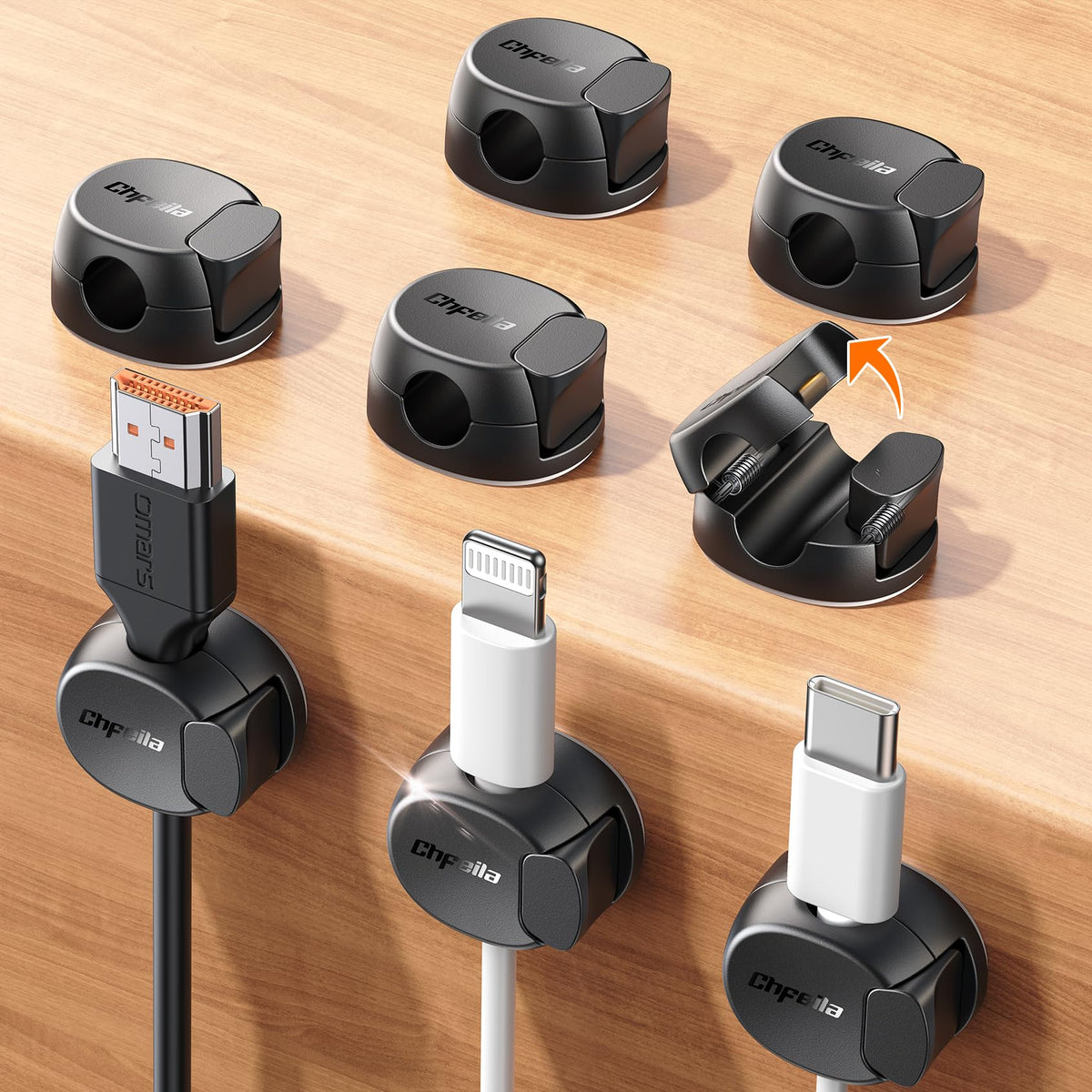 Chfeila 8-Pack Cable Clips, Quick-Lock Cord Organizer Black - Image 1