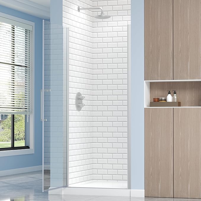 Frameless Pivot Shower Door 34.8-36" W X 72" H, 1/4" (6mm) Clear SGCC Tempered Glass, Hinged Pivot Swing Shower Door, Reversible Installation, Easy to Clean, Brushed Nickel