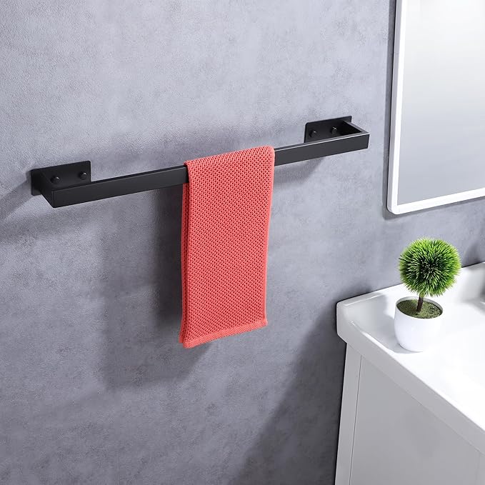 LANC Matte Black Bath Towel Bars 17-Inch, Self Adhesive Towel Bar for Bathroom Wall Mounted and No Drilling Towel Rack, Sticky on Kitchen Hand Towel Holder 304 Stainless Steel, A8310MB-L4