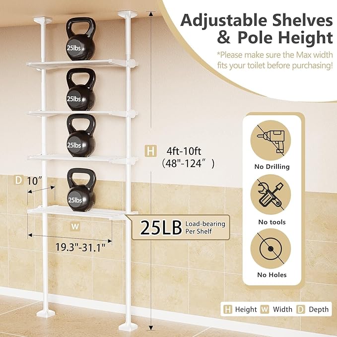 No-Drill Over Toilet Storage Shelf - 4-Tier White Bathroom Organizer