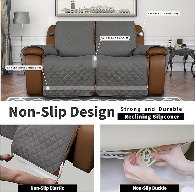 Easy-Going Loveseat Recliner Cover, Reversible Couch Cover for Double Recliner, Split Sofa Cover for Each Seat, Furniture Protector with Elastic Straps for Kids, Dogs, Pets(2 Seater, Gray/Light Gray)