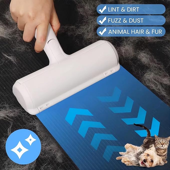 Reusable Pet Hair Remover Roller – Dog & Cat Fur Lint Cleaner for Sofa, Carpet, Bed & Car Seats – No Adhesive Required (White/Purple)
