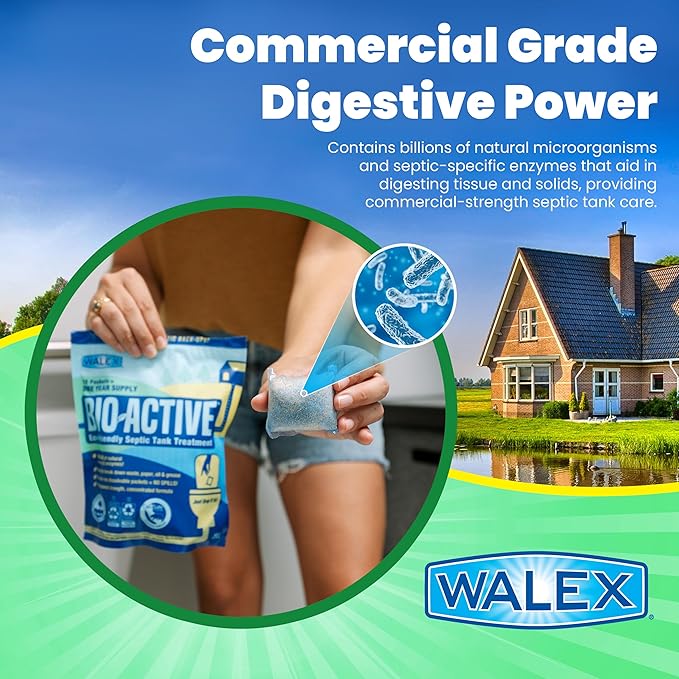 Walex Bio-Active Home Septic Tank Treatment - Strong Digestive Power with Beneficial Bacteria & Enzymes for Liquefying Solids & Breaking Down Waste, Odor Neutralizer -1 Year Supply, 12 Packets
