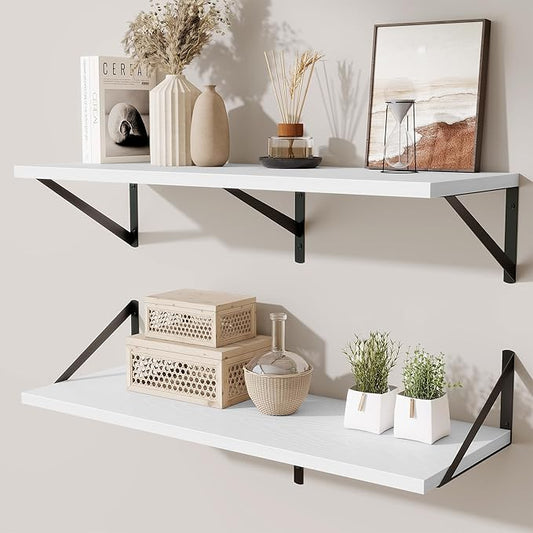 Floating Shelf for Wall,32" WX10 D Wood Floating Shelves with Sturdy Metal Bracket Set of 2,Wall Mounted Hanging Shelf for Bathroom,Bedroom,Kitchen,White