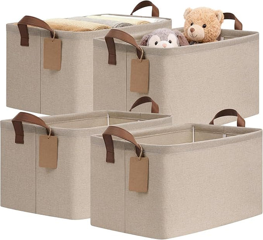 CHICVITA 4 Pack Large Storage Baskets for Shelves, Collapsible Towels Organizer Bins with Metal Frame, Closet Organizers and Storage Basket for Toys, Blankets, 16.8" x 11" x 9.8", Brown