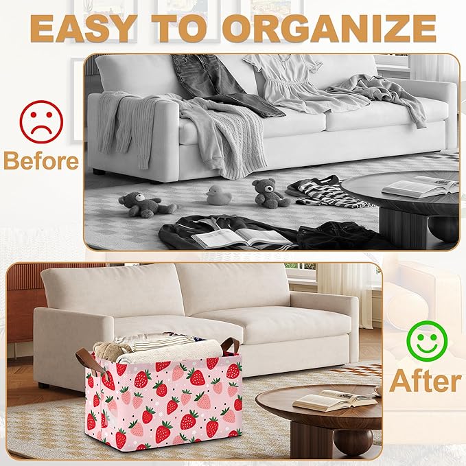 Storage Bin with Handles, Cute Strawberry Collapsible Laundry Baskets for Books, Laundry - Use in Nursery, Closet Organizers and Storage, Blanket Basket