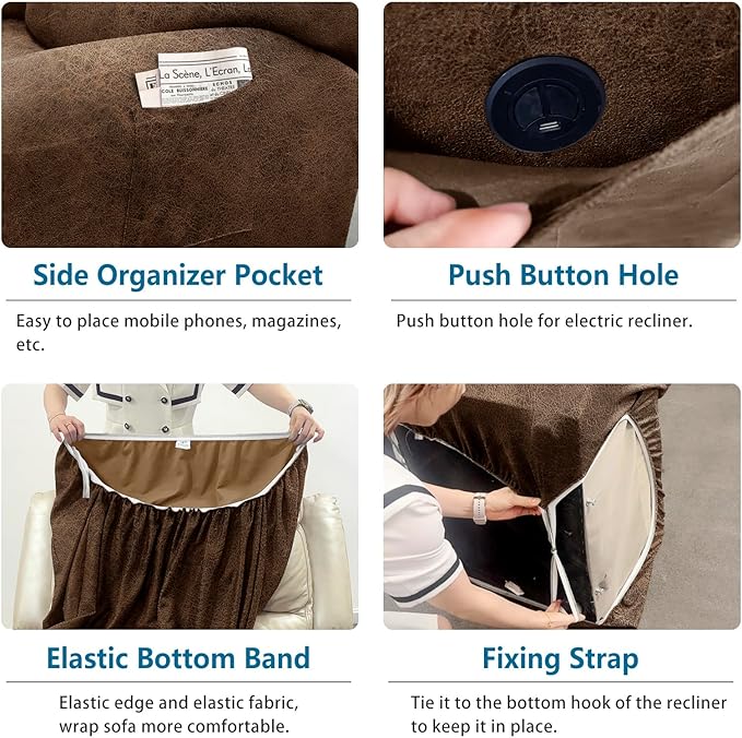 Loveseat Recliner Cover 6-Piece Set - 2 Seater Leather Look Slipcover with Pocket - Spandex Furniture Cover (Recliner Loveseat, Light Brown)