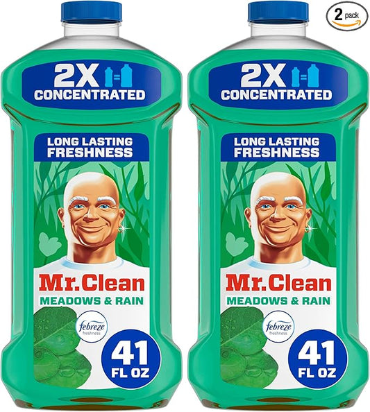 Mr. Clean All Purpose Cleaner, Floor Cleaner for Mopping Home, Bathroom, & Kitchen, Cleaning Liquid for Mop & Bucket, Cleaning Supplies, Multi-Surface Dilutable, Meadows & Rain, 41oz (Pack of 2)
