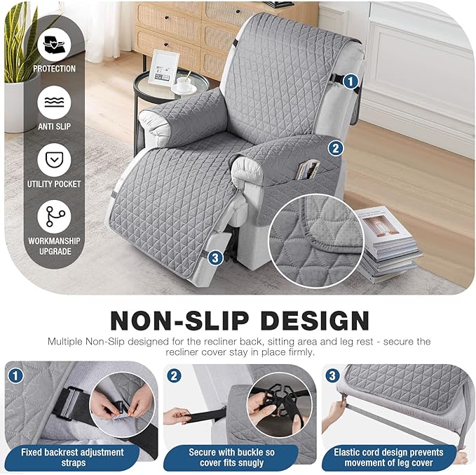 TAOCOCO 100% Waterproof Recliner Cover - Recliner Cover with Non-Slip Granule, Recliner Chair Covers with Elastic Band, Recliner Chair Covers for Reclining Chair(Light Gray, Small-22'')