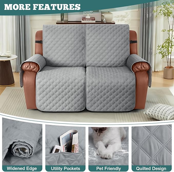 Ruaozz Waterproof Recliner Sofa Covers, 1-Piece Couch Covers for Reclining Couches Reclining Couch Cover Washable Furniture Protector with Elastic Straps Pocket for Kids Pets (Light Grey, 2 Seater)