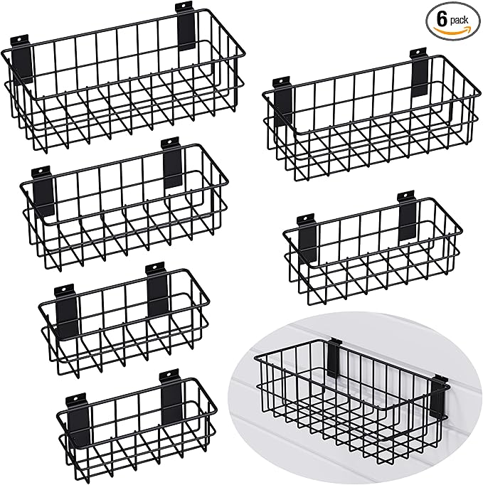 Heavy Duty Slatwall Baskets - 6 Pack Black Multi-Size Storage Organizer for Garage Workshop, Fits Standard Panels