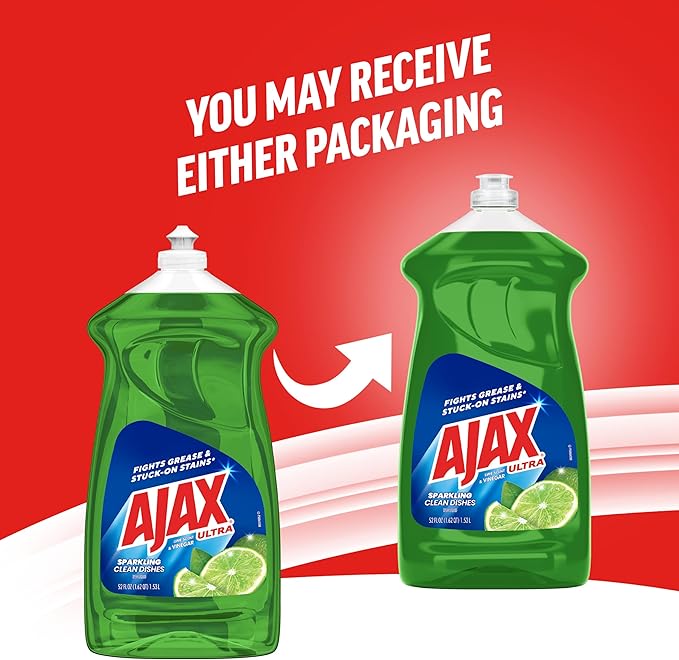 Ajax Ultra Dish Soap Lime Scent and Vinegar, Sparkling Clean Dishes, Mess-Free, Easy-Flip Cap, 52 fl oz Bottle