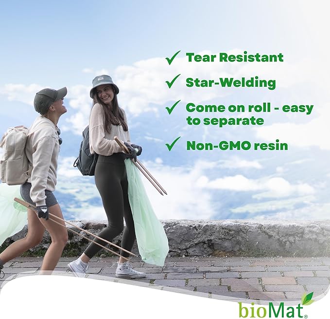 bioMat 35 Gallon Compostable Trash Bags, 10 Count, Biodegradable Kitchen Food Scrap Waste Bags, BPI ASTM D6400 and CMA Certified Tall Kitchen Compost bags for Food Waste