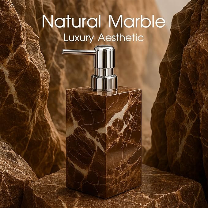 2 Pack Real Natural Marble Soap Dispenser with Stainless Steel Pump Decorative Liquid Hand Soap Bottle for Kitchen Bathroom, Compatible with Lotion, Dish Soap Shower Gel (Coffee 2 Set)