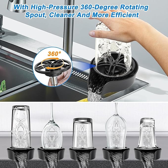 Petyoung Glass Rinser for Kitchen Sink, 360 Degree Rotating Glass Rinser with Pull Out Spray Head, Kitchen Sink Bottle Washer, Faucet Glass Rinser Cup Washer Cleaner Attachment Accessory for Bar Sink