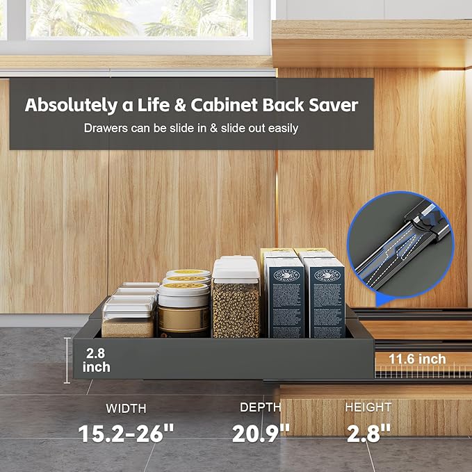 4Pack Expandable Pull Out Cabinet Organizer 21" Deep - Sliding Drawer Organizer Roll Out Shelves Adhesive - Adjustable Width 15.2"-26.2" W (Black)