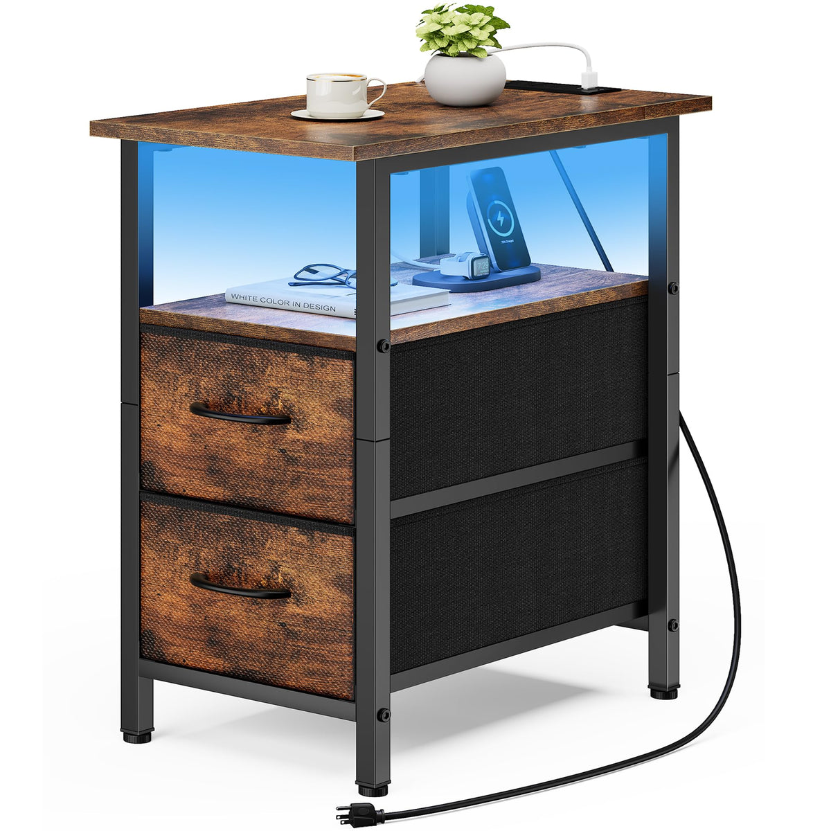 Vagusicc Nightstand with Charging Station and LED Lights, Narrow - Image 1