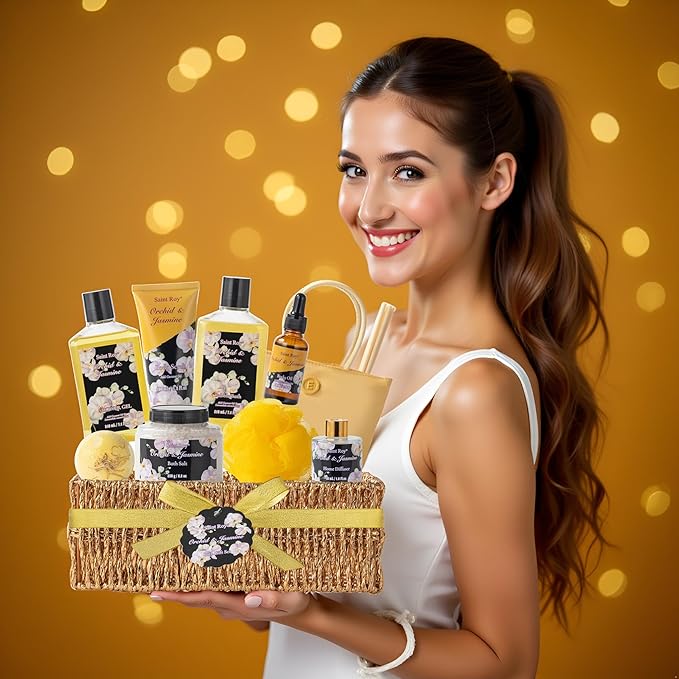 15Pcs Spa Kit Gifts for Women - Luxury Bath and Body Spa Gift Basket for Women with Purse Cute Handbag | Relaxing Care Kit Orchid Jasmine Mothers Day Gifts for Mom Gift Baskets for Anniversary