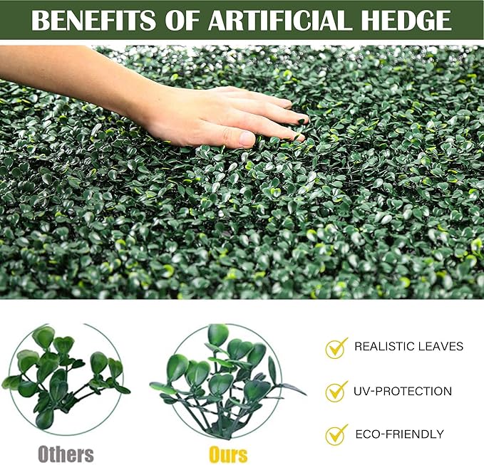 24PCS 10"x 10" Artificial Boxwood Wall Panels, UV-Anti Grass Wall Hedge Plant Panels for Indoor Outdoor Green Wall Decor Ivy Fence Covering Privacy