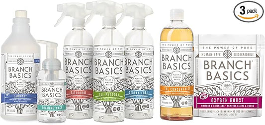 Branch Basics Premium Starter Kit: All Purpose Cleaner, Glass, and Bathroom Cleaner plus our Foaming Wash, and Laundry Bottle (3 Plastic Spray Bottles + Concentrate) Fragrance-Free