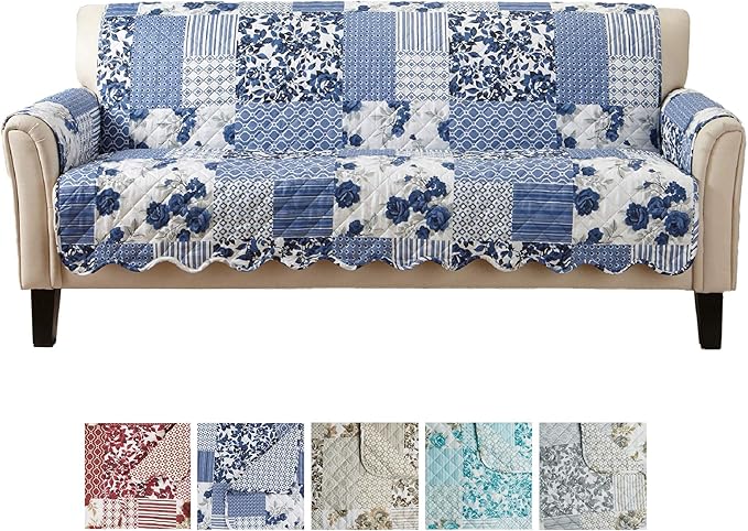 Great Bay Home Reversible Patchwork Sofa Cover - Washable Slipcover Furniture Protector with Elastic Straps - Couch Cover for Dogs, Kids, and Pets - Box-Stitched Detail (Sofa, Navy)