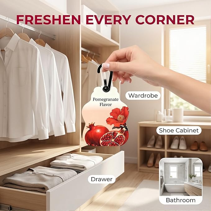 Pomegranate Scented Sachets for Drawers & Closets (6 Pack) – Long Lasting Home Fragrance with EVA Material Beads – Hanging Air Freshener for Wardrobe, Car, Shoe Cabinet, and Bathroom (0.35 oz Each)