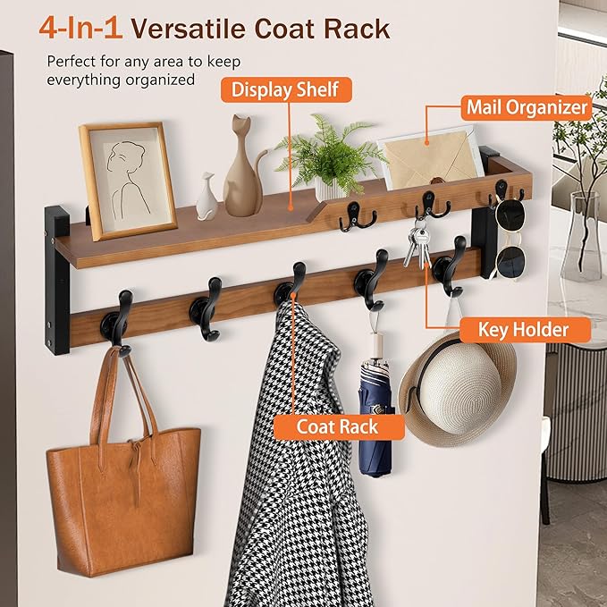 4 in 1 Coat Rack Wall Mount with Shelf, Coat Hooks 25.2" Entryway Coat Hanger with Key Hooks and Mail Holder, Wall Hooks with Shelf, Hat Rack for Wall Key Holder Mail Organizer