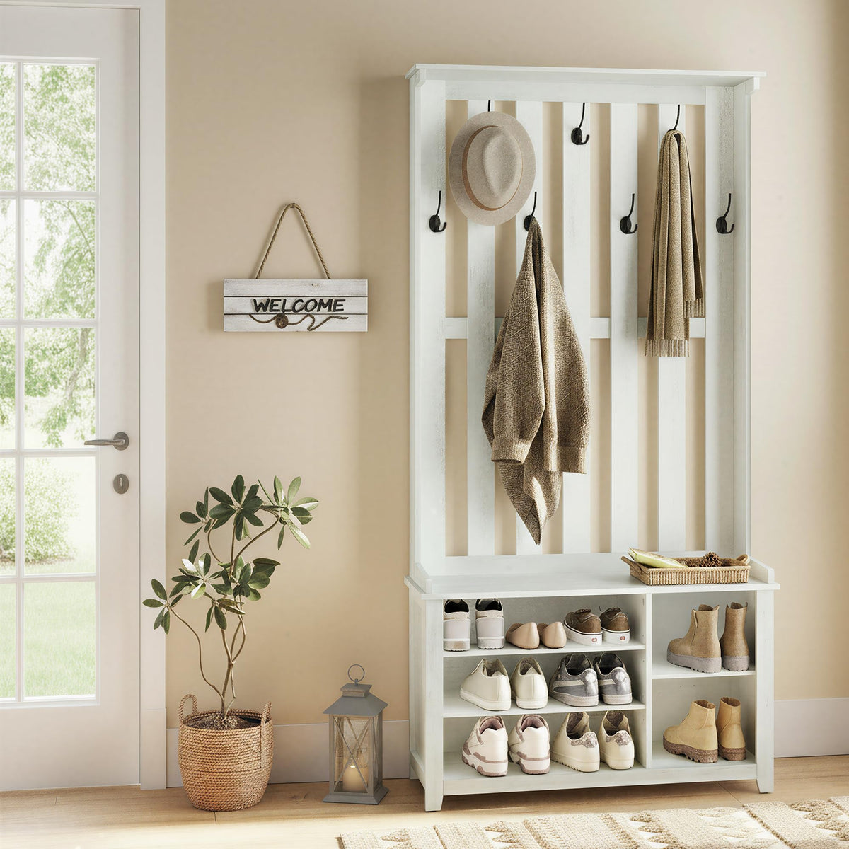 VASAGLE Hall Tree with Bench and Shoe Storage, 7 Double Hooks - Image 1