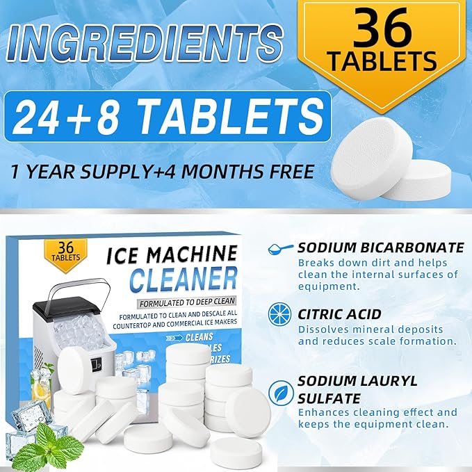 Ice Machine Cleaner Tablets Descaler (36 Pack) – Portable Ice Maker Cleaner, Nickel Safe Scale Remover Compatible with Countertop and Nugget Ice Maker, Remove limescale, Odor-Free, Crystal Clear Ice