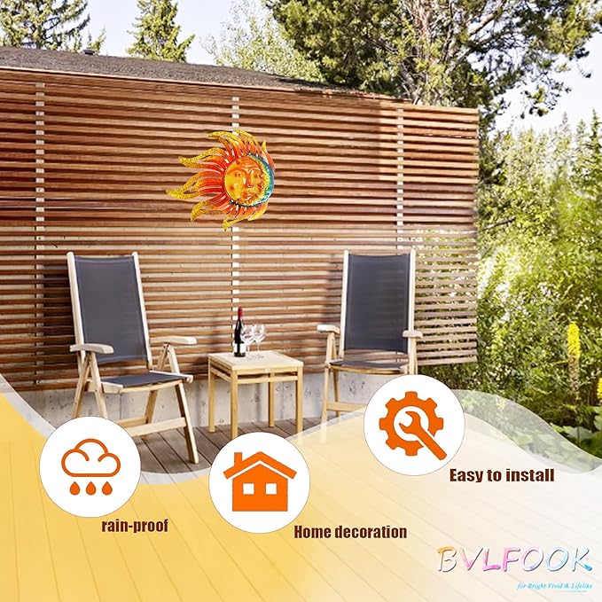Metal Sun Moon Wall Art Decor, 12 Inch Retro Hanging Decor With Glass, Flame Sun Outdoor Indoor Wall Decorations For Patio Yard Garden Fence Living Room Bedroom
