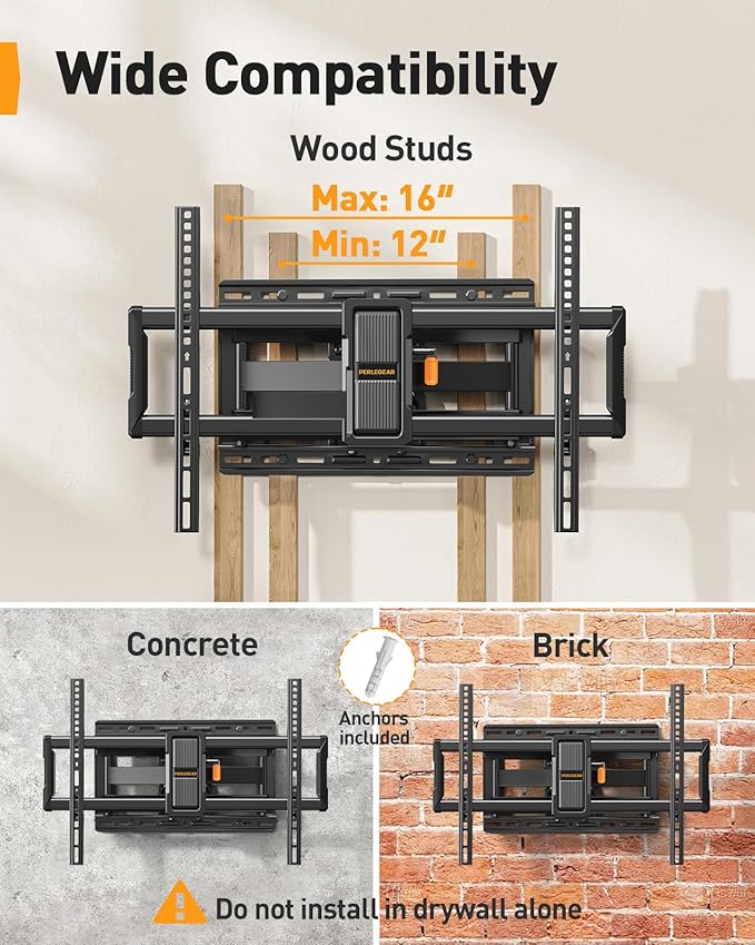 Perlegear UL-Listed Full Motion TV Wall Mount for 42–97 Inch Flat Curved TVs up to 132 lbs, 12″/16″ Wood Studs, TV Mount Bracket with Tool-Free Tilt, Swivel, Extension, Max VESA 600 x 400mm, PGLF15