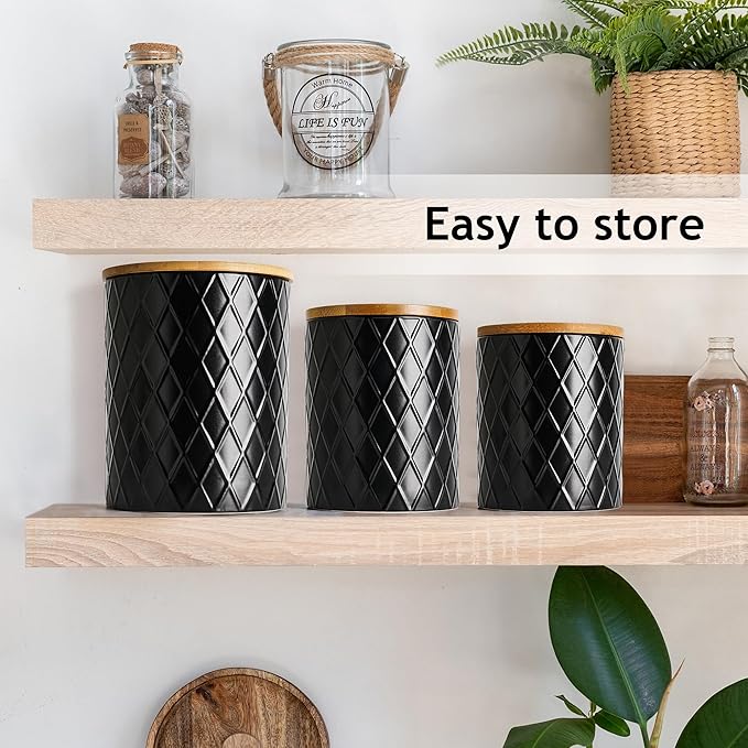 MIAMIO – Set of 3 Canister Sets for Kitchen Counter, Ceramic Kitchen Canister Set with Airtight Seal Wooden Lid - Perfect for Coffee, Tea, Sugar, Flour, Tea, Salt and More