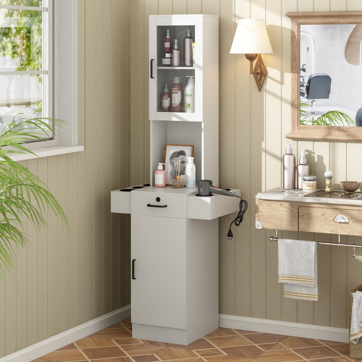Salon Station for Hair Stylist,Hair Styling Storage Cabinet,White - Image 1