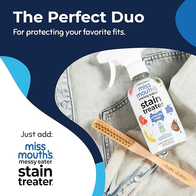 Miss Mouth's Messy Eater Stain Treater 16oz Spray & Laundry Brush - Gentle Scrub for Spot Cleaning, Pre-Treating Baby Clothes & Delicates