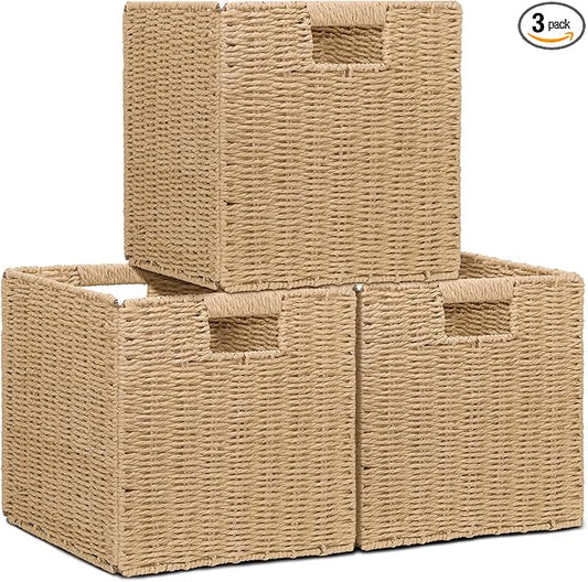 10.5x10.5inch Storage Baskets Set of 3,Brown Paper Rope Woven Baskets,Foldable Handwoven Storage Cubes,Wicker Cube Baskets Laundry Organizer Totes for Bathroom, Bedroom, Laundry, Pantry, Shelves