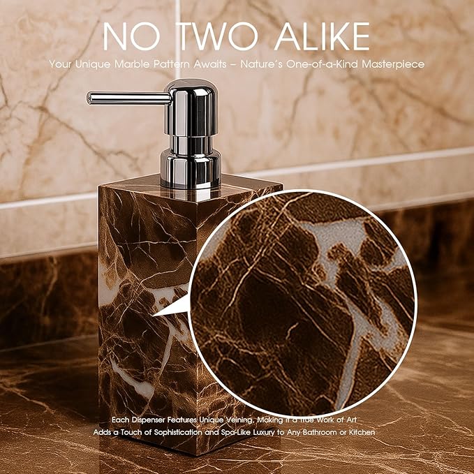 2 Pack Real Natural Marble Soap Dispenser with Stainless Steel Pump Decorative Liquid Hand Soap Bottle for Kitchen Bathroom, Compatible with Lotion, Dish Soap Shower Gel (Coffee 2 Set)