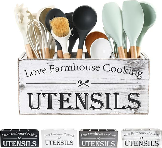 Kitchen Utensil Holder,Farmhouse Wooden Utensil Holder For Kitchen Counter,Extra Large Cooking Spatula Organizer,Big Storage With 4 Compartments Flatware Spoon Tool Cutlery（Retro White）