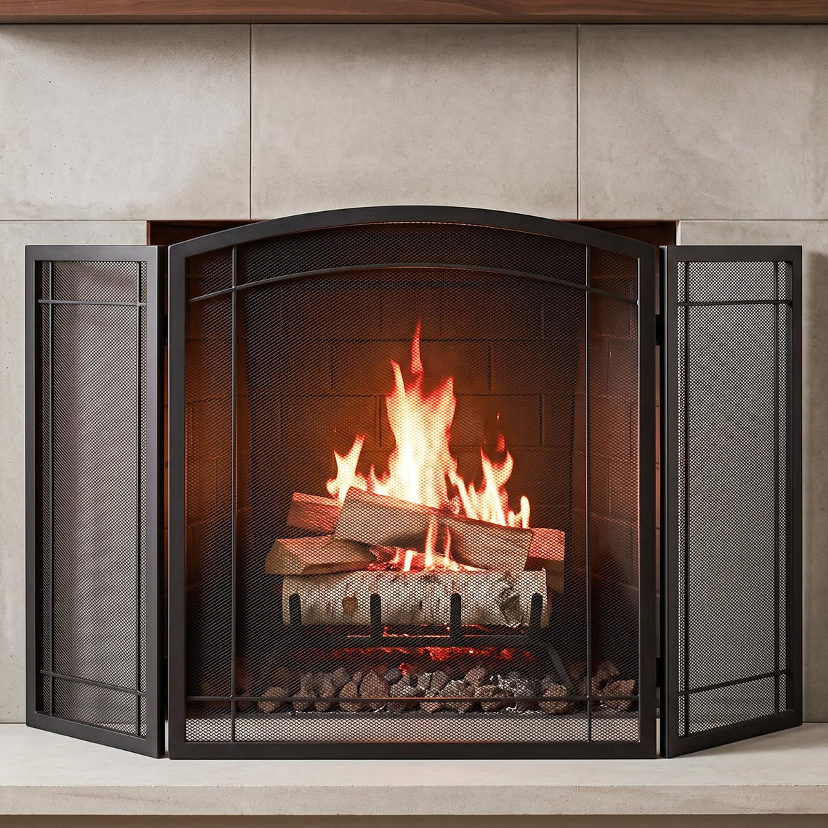 48"W X29"H Wrought Iron Fireplace Screen, 3-Panel Spark Guard - Image 1