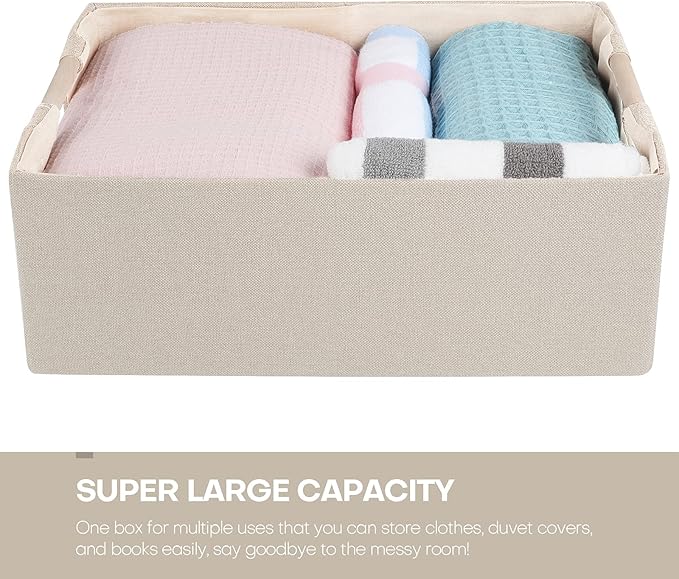 ANMINY 4PCS Storage Baskets for Organizing Collapsible Fabric Storage Bins Boxes with Wood Handles Closet Shelves Cube Organizer Bins Clothes Laundry Storage Container - Medium, Beige
