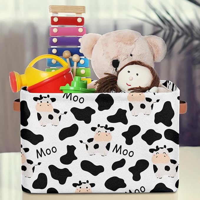 Rectangle Storage Baskets for Organizing - Foldable Storage Bin Cubes with Handles, Large Organizer Bins Boxes Toy Closet Shelf Nursery Laundry Basket, 1 Pcs(Cute Cow Print)