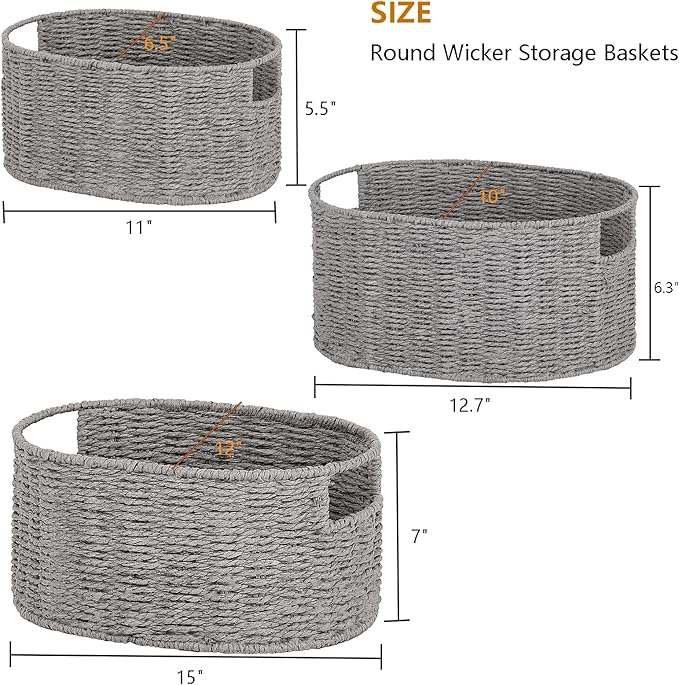 Vagusicc Wicker Storage Basket, Set of 3 Hand-woven Storage Baskets for Organizing, Round Large Wicker Baskets for Storage Decor, Pantry Storage Cubes Organization Baskets for Shelves, Grey