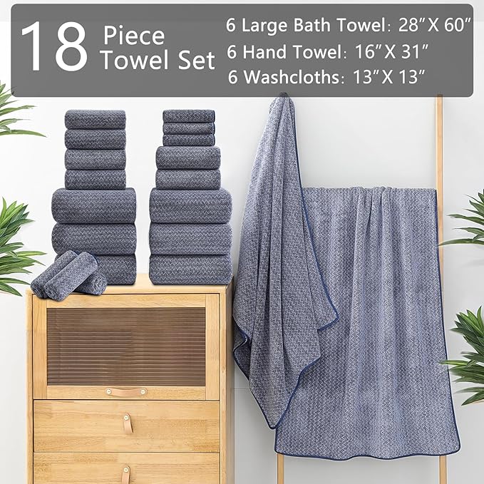 Ycosy 18 Piece Bath Towels Set,100% Microfiber Family Bathroom Towel with Hanging Loops-6 Bath Towels,6 Hand Towels,6 Washcloths,Quick Dry Highly Absorbent Shower Towel for Bathroom,Hotel,Spa-Navy