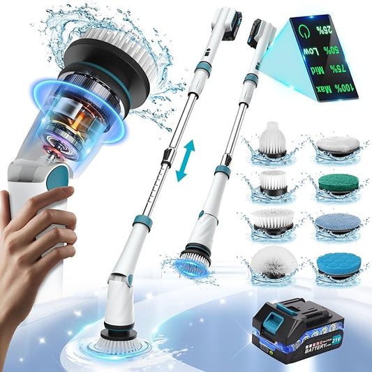 Battery Electric Scrubber for Cleaning Bathroom,1200RPM 21V Spin Scrubber Electric Spin Brush for Cleaning, 50'' Cordless Power Shower Scrubber W/ 8 Brushes for Grout Tile Tub Floor