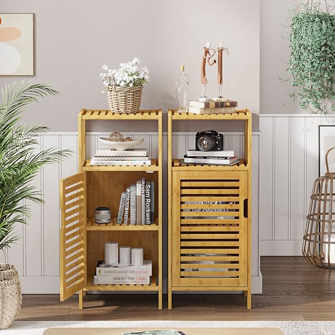 VIAGDO Bamboo Cabinet, Bathroom Storage Cabinet with Single Door and Shelf, Freestanding Bathroom Cabinet, Kitchen Cupboard, Sofa Side Table for Living Room/Hallway/Kitchen