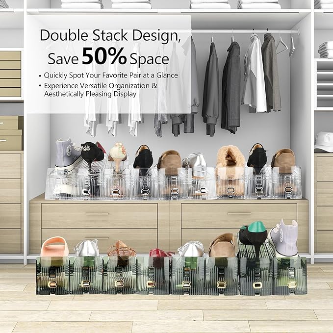 Yes!Fresh Shoe Slot Organizer, Boutique Display Style Shoe Stacker for A Pair of Shoes, Separable Shoe Rack for Closet Organization, 3 Adjustable Narrow Shoe Rack (Transparent Green, 2 Pack)