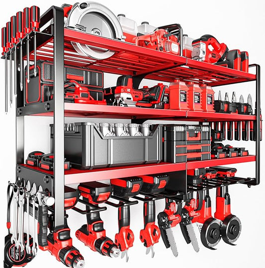 Upgrade Large power tool organizer Wall Mount,4 Layers Heavy Duty Metal Loads 400lbs Power Tool Hanger Shelf Battery Storage with 8 Cordless Drill Bit Holder,Utility Racks for Garage Tool Room
