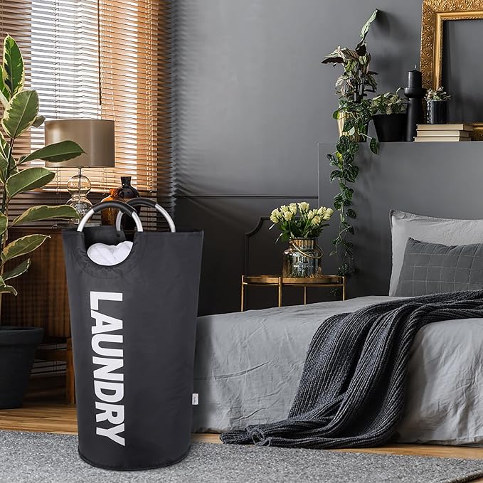 Tall Laundry Hamper with Handles，Large Laundry Basket, Freestanding Clothes Hamper Bag – Folding Dirty Fabric Laundry Bin for College Dorm，Laundry Room, Sturdy, Lightweight – 95L (Black)
