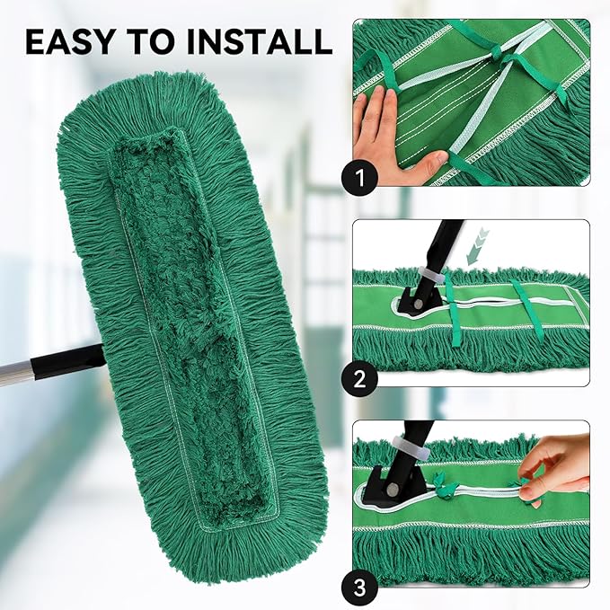 36 Inch Dust Mop Head: Replacement Medium Washable Commercial Mop Head Sweeper and Janitorial Replacement Green (Green - 36 Inch, 3 Pack)
