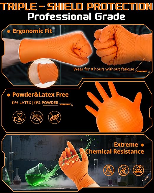 10mil Nitrile-Gloves Disposable-Orange Chemical-Resistant Rubber - Mechanic Gloves Heavy Duty Latex Free Diamond Grip (100, Large)