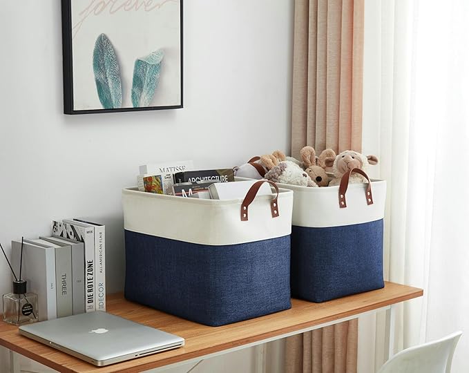 DECOMOMO Extra Large Storage Baskets, Fabric Storage Bins with Handles for Organizing Shelves, Toys, Nursery, Laundry (Navy Blue & White, 3pcs)